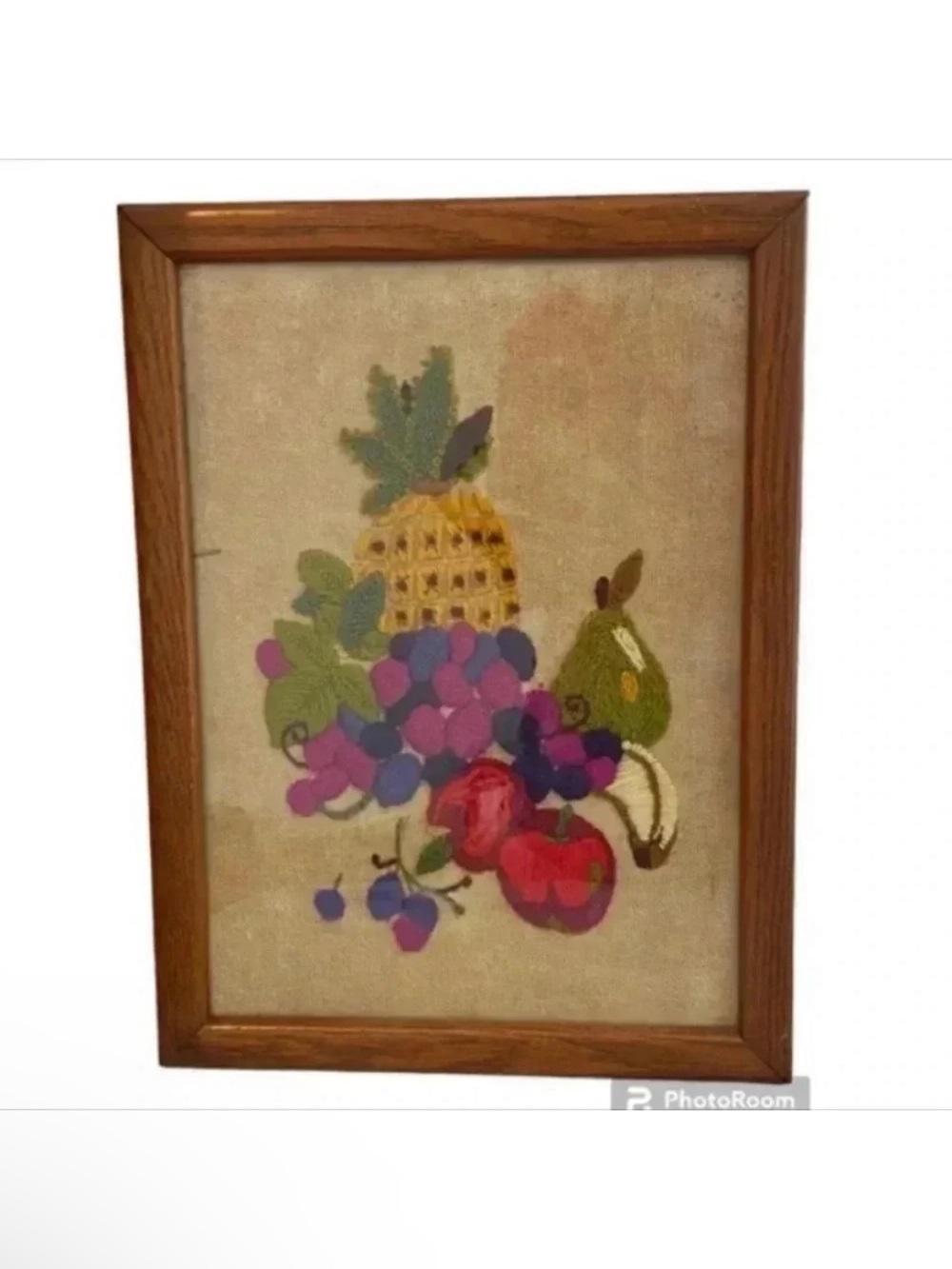 Springbok Vintage Framed Crewel Fruit Pattern Completed MCM Retro